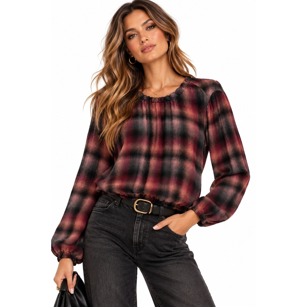 Bella Dahl Plaid Gathered Blouse Long Sleeve Elastic Hem Top Burgundy Black S